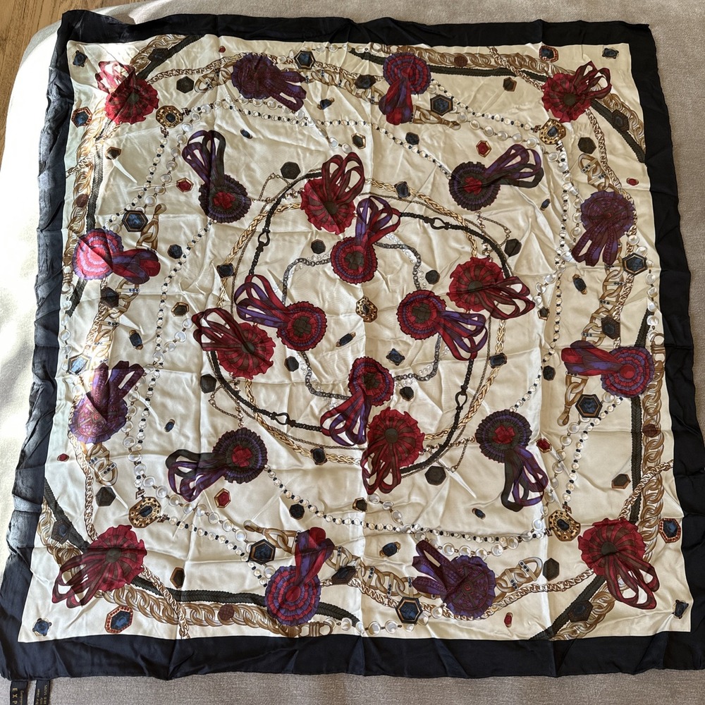 Express Silk Square Scarf Black Ivory Ribbons Gems Jewelry Pearls 32 In Square